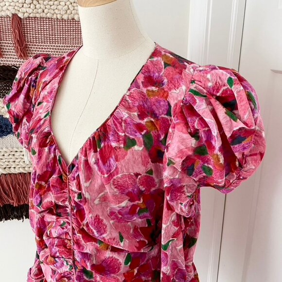 Isabel Marant Mirnao Floral Puff Sleeve Silk Blend Ruched Top Pink Size 8 NWT - Picture 6 of 12